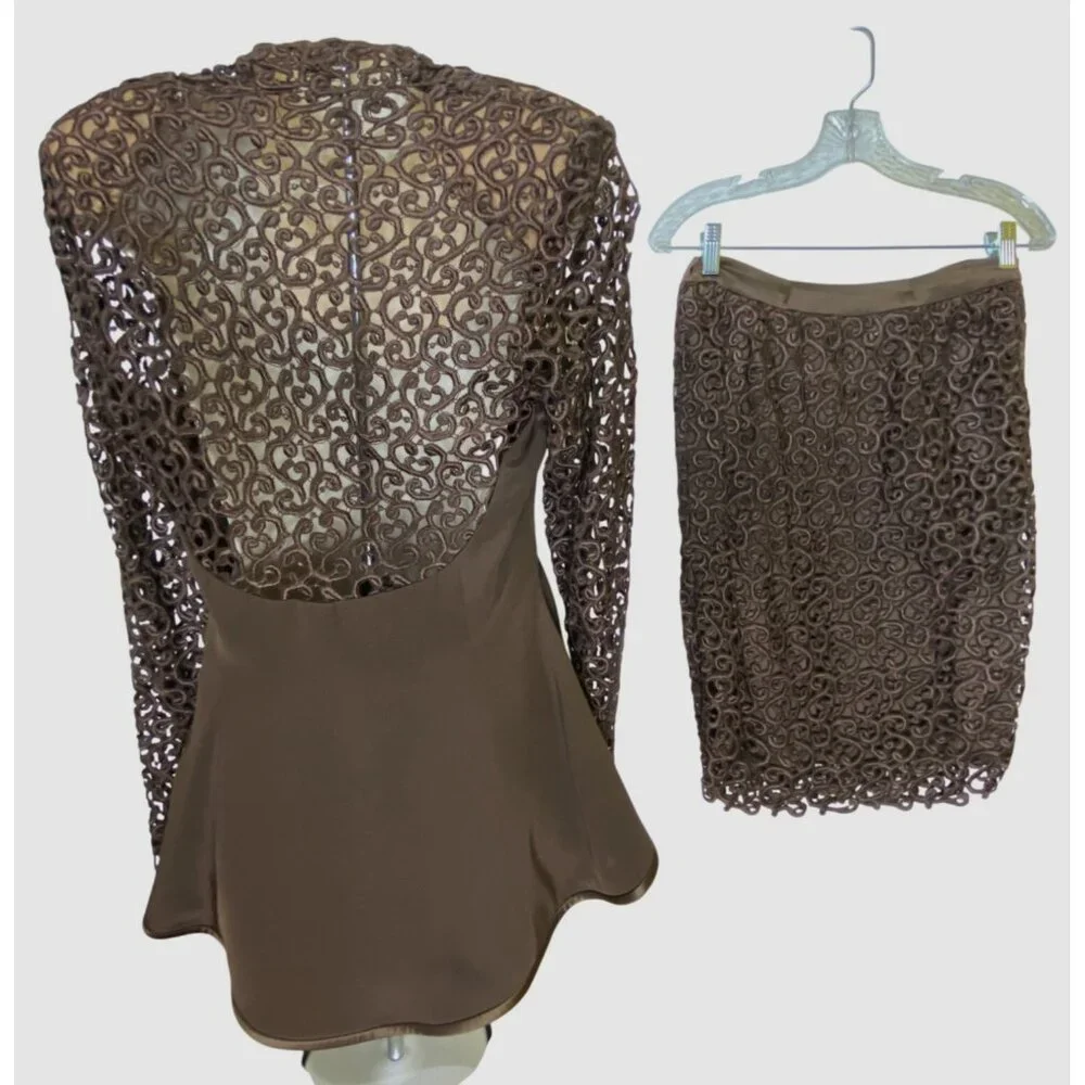 Vintage Brown Lace Skirt  Jacket Suit Set Rhinestone Buttons Small Pinup Classic